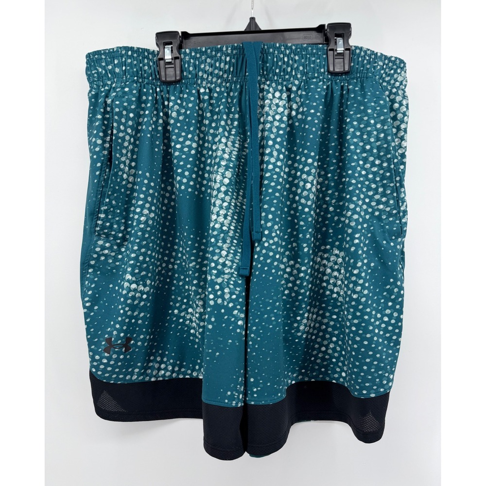 Under Armour Mens XL Teal Dot Pattern Basketball Athletic Shorts Mesh Hem